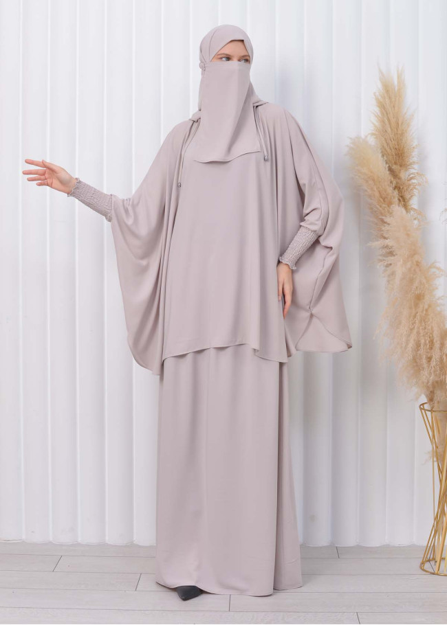 سدال شرعي طويل مع كبشون 3 قطع (شرشف,جلباب شرعي ) 824 Ekru