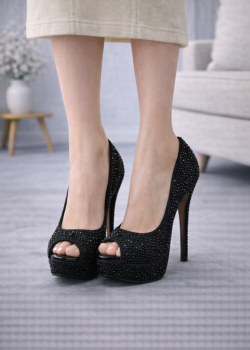 Crystal Embellished Platform Peep-Toe Pumps 6303 - black