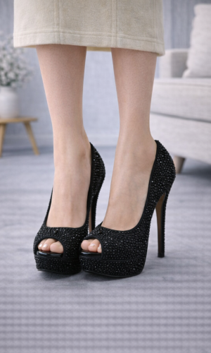 حذاء سهرة كعب عالي مرصع بالكريستال 6303 - اسود