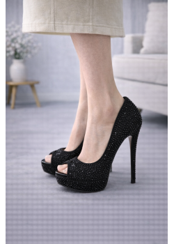 حذاء سهرة كعب عالي مرصع بالكريستال 6303 - اسود