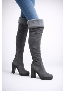 بوط طويل فوق الركبة شمواه بكعب عريض 6304 - فضي