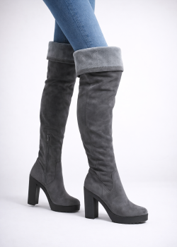 بوط طويل فوق الركبة شمواه بكعب عريض 6304 - فضي