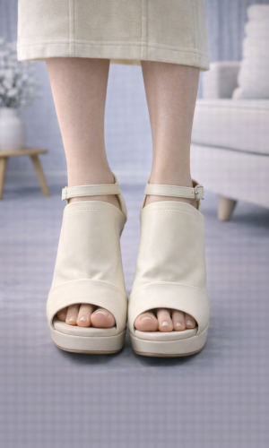 حذاء كعب عالي بتصميم عصري وحزام كاحل 6305 - بيج