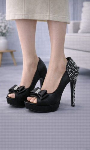 حذاء سهرة كعب عالي مزين بفيونكة وكريستال 6306 - اسود