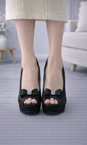 حذاء سهرة كعب عالي مزين بفيونكة وكريستال 6306 - اسود