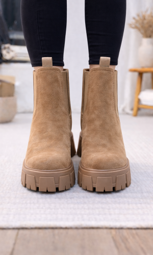 Beige Chelsea-Boots in Wildleder-Optik mit Chunky-Sohle 6308 - Mausgrau