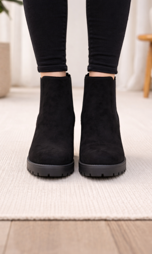 بوط كاحل شامواه خمري بتصميم تشيلسي وكعب عريض 6309 - اسود