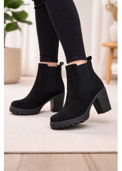 بوط كاحل شامواه خمري بتصميم تشيلسي وكعب عريض 6309 - اسود