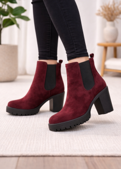 بوط كاحل شامواه خمري بتصميم تشيلسي وكعب عريض 6309 - خمري