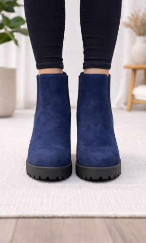 بوط كاحل شامواه خمري بتصميم تشيلسي وكعب عريض 6309 - كحلي