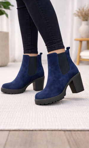 بوط كاحل شامواه خمري بتصميم تشيلسي وكعب عريض 6309 - كحلي