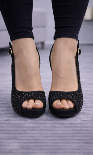 حذاء سهرة كعب عالي مرصع بالكريستال مع حزام كاحل 6311 - اسود