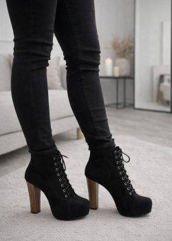 بوط كاحل شامواه بيج برباط وكعب خشبي 6312 - اسود