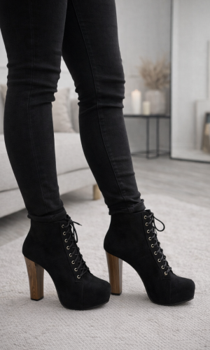 بوط كاحل شامواه بيج برباط وكعب خشبي 6312 - اسود