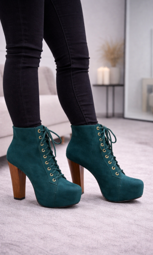 بوط كاحل شامواه بيج برباط وكعب خشبي 6312 - زيتي