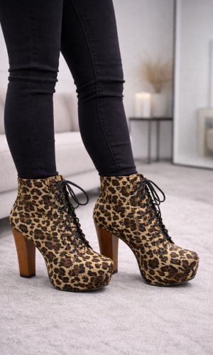 بوط كاحل شامواه بيج برباط وكعب خشبي 6312 - جلد النمر