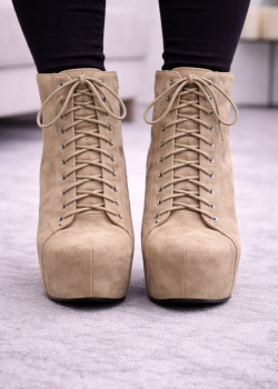 بوط كاحل شامواه بيج برباط وكعب خشبي 6312 - بيج