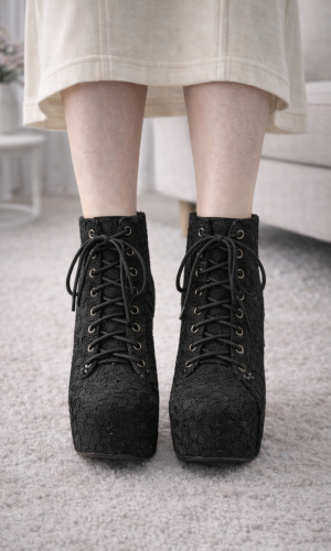 بوط كاحل دانتيل كعب عالي ونعل مخفي 6313 - اسود