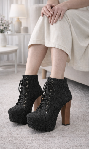 بوط كاحل دانتيل كعب عالي ونعل مخفي 6313 - اسود