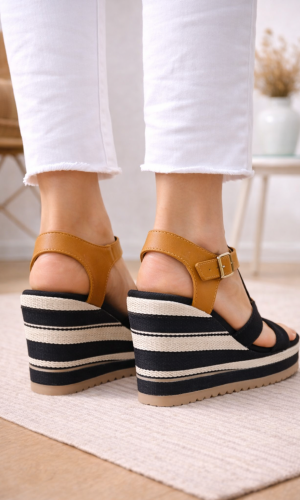 Keilsandaletten im Marine-Look mit T-Riemen (11 cm Absatz) 6315 - Schwarz