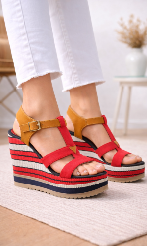 Nautical T-Strap Wedge Sandals with Striped Sole 6315 - red