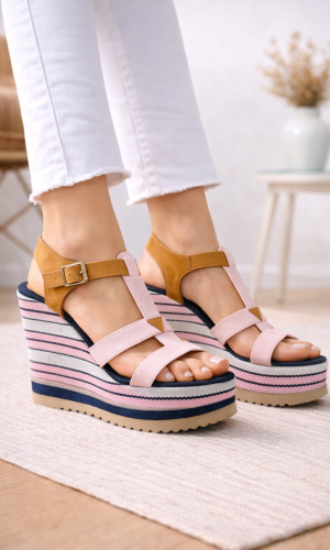 صندل روكي كعب عالي بتصميم بحري وأحزمة 6315 - زهر