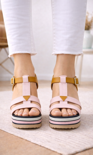 صندل روكي كعب عالي بتصميم بحري وأحزمة 6315 - زهر