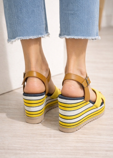 Nautical T-Strap Wedge Sandals with Striped Sole 6315 - yellow