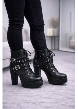 بوط كاحل جلد أسود مبطن بالفرو مع إبزيم 6316 - اسود