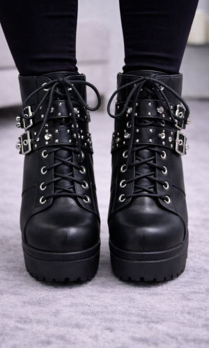 بوط كاحل جلد أسود مبطن بالفرو مع إبزيم 6316 - اسود