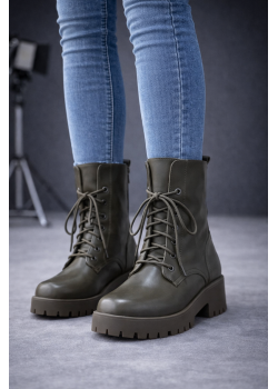 بوط جلد برباط وتصميم عسكري عصري 6319 - زيتي