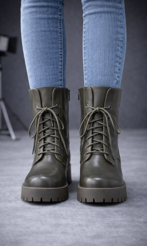 Schnürstiefel in Leder-Optik mit Profilsohle 6319 - Khaki