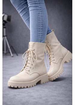 بوط جلد برباط وتصميم عسكري عصري 6319 - بيج