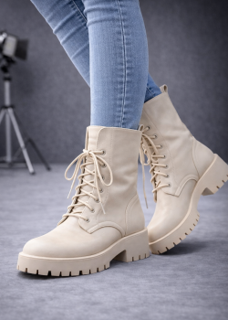 بوط جلد برباط وتصميم عسكري عصري 6319 - بيج