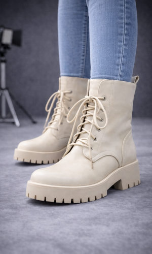 بوط جلد برباط وتصميم عسكري عصري 6319 - بيج