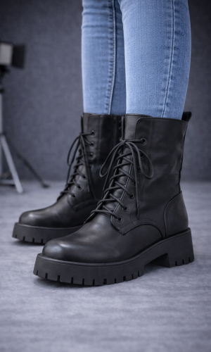 بوط جلد برباط وتصميم عسكري عصري 6319 - اسود