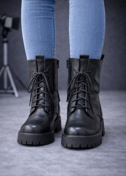 بوط جلد برباط وتصميم عسكري عصري 6319 - اسود