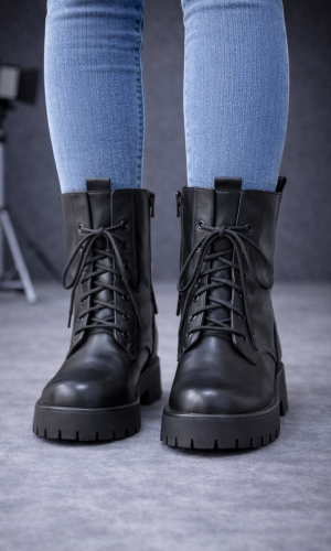 بوط جلد برباط وتصميم عسكري عصري 6319 - اسود