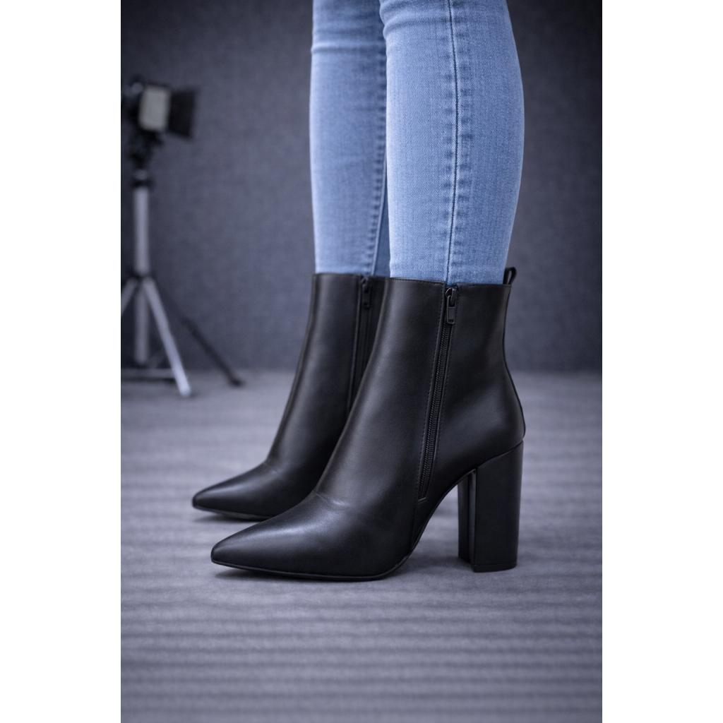 Pointed Toe Leather Block Heel Ankle Boots 6320 - black - Footwear