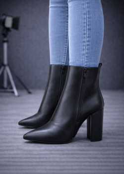 بوط كاحل جلد بكعب عالي ومقدمة مدببة 6320  - اسود