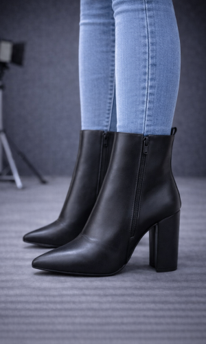 Pointed Toe Leather Block Heel Ankle Boots 6320  - black