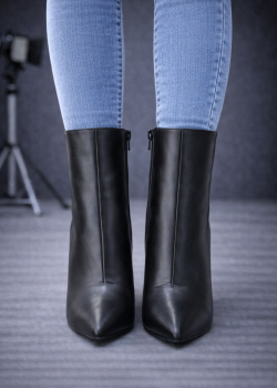 بوط كاحل جلد بكعب عالي ومقدمة مدببة 6320  - اسود