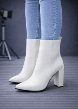 بوط كاحل جلد بكعب عالي ومقدمة مدببة 6320  - ابيض