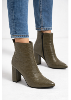 بوط جلد نسائي بنقشة الكروكو وكعب عالي 6321 - زيتي