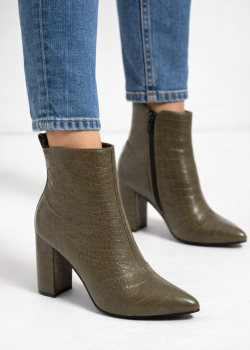 بوط جلد نسائي بنقشة الكروكو وكعب عالي 6321 - زيتي