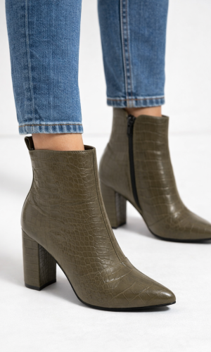 بوط جلد نسائي بنقشة الكروكو وكعب عالي 6321 - زيتي