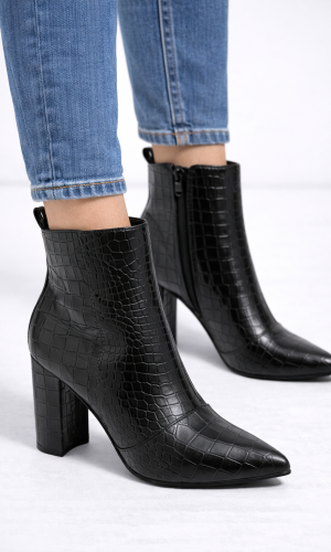 Damen-Stiefeletten in Kroko-Optik mit Blockabsatz 6321 - Schwarz