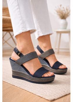 صندل نسائي كعب روكي بتصميم صيفي وأحزمة مزدوجة 6322 - كحلي