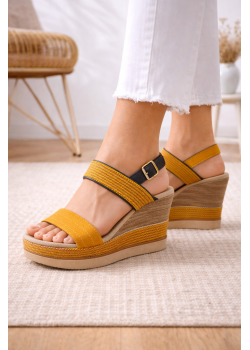 صندل نسائي كعب روكي بتصميم صيفي وأحزمة مزدوجة 6322 - اصفر