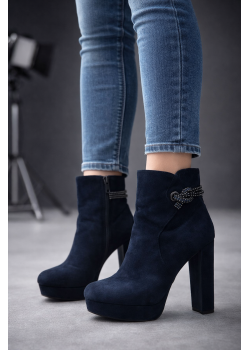 بوط كاحل شامواه كحلي بكعب عالي وزينة جانبية 6323 - كحلي